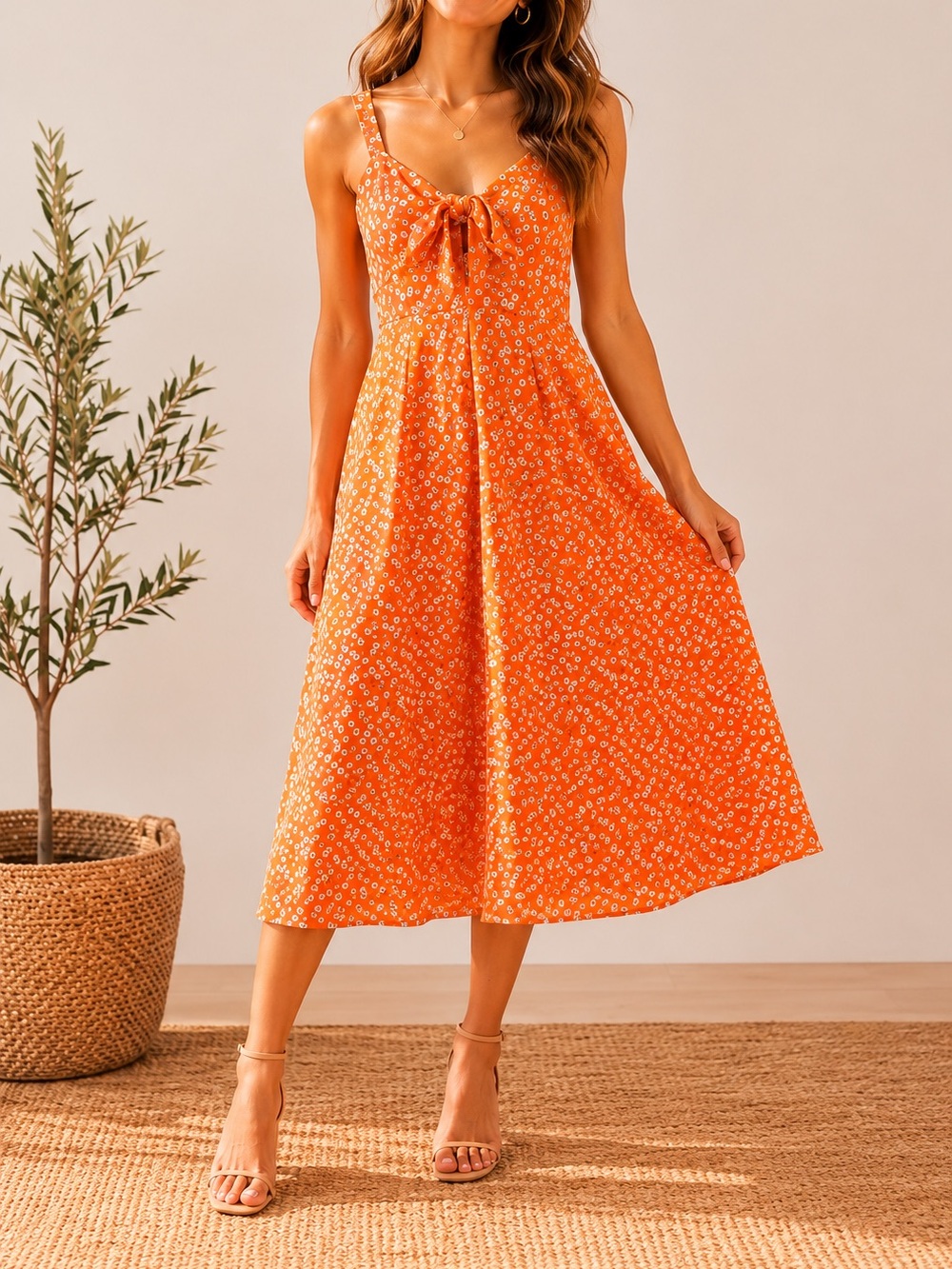 JOA Just One Answer Midi DressFloral Orange Sleeveless Tie Bow Front